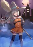  1girl bare_shoulders black_headwear black_thighhighs blush broom detached_sleeves dress feet_out_of_frame garugarubesu grey_hair halloween halloween_costume hat highres kantai_collection kasumi_(kancolle) long_hair looking_at_viewer open_mouth orange_dress side_ponytail solo thigh-highs witch_hat yellow_eyes 