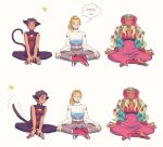  3girls adora_(she-ra) animal_ears blonde_hair blush brown_hair cat_ears cat_tail catra closed_mouth flower hair_flower hair_ornament highres long_hair looking_at_another looking_to_the_side meditation medium_hair mondaykilly multiple_girls one_eye_closed perfuma_(she-ra) she-ra_and_the_princesses_of_power tail tail_wagging thought_bubble translation_request 