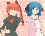  2girls animal_ears bangs blunt_bangs bow braid cat_ears cracking_knuckles dress highres kaenbyou_rin kasodani_kyouko looking_at_viewer multiple_girls paw_print red_eyes redhead smile stretching touhou twin_braids zuttokodomo 