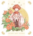  2others androgynous baby bead_necklace beads carrying carrying_person chinese_clothes covering_mouth diaper flower hair_flower hair_ornament haori happy_birthday hibiscus highres japanese_clothes jewelry jigokuraku leaf looking_at_another looking_down medium_hair multicolored_hair multiple_others necklace orange_flower orange_hair plant robe tearing_up two-tone_hair upper_body ushi_424 vines yellow_background zhu_jin_(jigokuraku) 