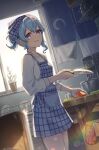  1girl absurdres alternate_costume apron blue_apron blue_eyes blue_hair casual curtains dishrack food hair_bun hair_ribbon hair_up highres holding holding_knife hololive hoshimachi_suisei indoors jl_tan kitchen knife long_sleeves looking_at_viewer open_mouth oven_mitts parted_lips plaid plaid_apron plaid_ribbon plant plate potted_plant ribbon smile solo tomato vegetable virtual_youtuber window 