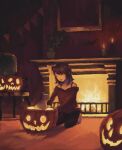  1girl :d absurdres animal bra_strap brown_hair candle cat chimney closed_eyes fire halloween highres jack-o&#039;-lantern kneeling looking_at_another medium_hair off-shoulder_sweater off_shoulder open_mouth original pants pumpkin saisho_(qpoujr) smile sweater vase 