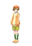  1girl absurdres bangs beret blue_eyes brown_hair casual closed_mouth collared_shirt commentary_request full_body glasses green_shorts green_socks hat highres ichinose_minori jacket light_frown long_sleeves looking_at_viewer orange_footwear orange_headwear orange_jacket plaid plaid_shorts precure round_eyewear shirt shoes short_hair shorts simple_background single_horizontal_stripe socks solo standing tropical-rouge!_precure white_background white_shirt yoko-ya_manjirou 