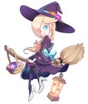  1girl back_bow basket blonde_hair blue_bow blue_eyes bow broom broom_riding candy candy_hat_ornament dress earrings eyes_visible_through_hair food hair_over_one_eye hat high_heels hoshikuzu_pan jack-o&#039;-lantern_hat_ornament jewelry lantern long_hair looking_at_viewer looking_back mario_kart mario_kart_tour official_alternate_costume purple_dress purple_headwear rosalina smile solo star_(symbol) star_earrings super_mario_bros. white_background witch_hat 