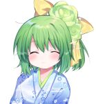  1girl aqua_kimono bangs blue_kimono bow closed_eyes cookie_(touhou) daiyousei diyusi_(cookie) flower green_flower green_hair hair_bow hair_flower hair_ornament hair_ribbon japanese_clothes kimono looking_at_viewer ponytail ribbon short_hair simple_background touhou upper_body white_background xox_xxxxxx yellow_bow yellow_ribbon 