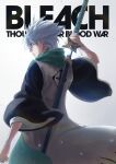  1boy bleach bleach:_the_thousand-year_blood_war copyright_name english_text green_scarf grey_hair haori highres hitsugaya_toushirou holding holding_sword holding_weapon japanese_clothes mitarashi_(5333069) open_mouth parted_lips scarf spiky_hair sword weapon wide_sleeves zanpakutou 