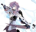  1girl armor bangs blue_eyes breasts cofffee cowboy_shot fighting_stance final_fantasy final_fantasy_xiii fingerless_gloves gloves grey_gloves gunblade hair_over_shoulder holding holding_weapon lightning_farron looking_at_viewer medium_breasts medium_hair outstretched_arm pink_hair shirt shoulder_armor sleeveless sleeveless_shirt solo weapon white_background white_shirt 
