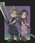  1boy 1girl aerith_gainsborough als8za armor baggy_pants bangle bangs belt blonde_hair blue_eyes blue_pants blue_shirt boots border bracelet braid braided_ponytail breasts brown_belt brown_footwear brown_gloves brown_hair buttons center_opening chibi cloud_strife cropped_jacket dress earrings final_fantasy final_fantasy_vii full_body gloves green_eyes hair_between_eyes highres holding holding_staff holding_sword holding_weapon jacket jewelry long_dress long_hair pants parted_bangs pink_dress puffy_short_sleeves puffy_sleeves purple_background red_jacket shirt short_hair short_sleeves shoulder_armor sidelocks single_bare_shoulder single_earring sleeveless sleeveless_turtleneck spiky_hair staff standing suspenders sword turtleneck twitter_username weapon 