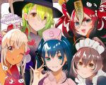  5girls ahoge bangs bat_(animal) black_hair blonde_hair blue_eyes blue_hair braid braided_bangs broom brown_hair ceres_fauna china_dress chinese_clothes crescent_moon dark-skinned_female dark_skin demon demon_horns dress earrings fangs ghost green_hair grin hair_intakes hair_ornament hakos_baelz halloween_costume happy_halloween hat highres holocouncil hololive hololive_english horns iris_(tb33064667) jack-o&#039;-lantern jewelry jiangshi_costume light_brown_hair long_hair looking_at_viewer maid maid_headdress mole mole_under_eye moon mouse_girl mousetrap multicolored_hair multiple_girls nanashi_mumei nurse nurse_cap ouro_kronii planet_hair_ornament ponytail qing_guanmao redhead short_hair skull_earrings sleeves_past_fingers sleeves_past_wrists smile streaked_hair syringe talisman tongue tongue_out tsukumo_sana twintails very_long_hair virtual_youtuber white_hair witch_hat yellow_eyes 