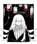  1girl absurdres angel arknights blood blood_bag collared_shirt detached_wings expressionless eyebrows_hidden_by_hair fanqiezijinnianyidinghaohaoxuexi greyscale halo highres intravenous_drip jacket lemuen_(arknights) long_hair looking_at_viewer monochrome parted_lips shirt solo spot_color striped striped_shirt upper_body vertical-striped_shirt vertical_stripes very_long_hair wings 