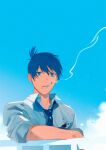  1boy bangs blank_stare blue_background blue_eyes blue_hair blue_necktie blue_sky blue_theme chainsaw_man cigarette clouds collared_shirt day dirty earrings hayakawa_aki highres jewelry looking_at_viewer necktie ohisama33ohayo3 railing shirt simple_background sky sleeves_rolled_up smoke smoking solo topknot white_shirt 