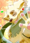  1boy animal_ears animal_nose autumn blurry blurry_foreground closed_eyes commentary_request cu_sith_(housamo) dog_boy dog_ears fangs fangs_out furry furry_male green_scarf highres kusarikake male_focus maple_tree open_mouth outstretched_hand pawpads plump recording scarf sharp_teeth smile snout solo teeth thick_eyebrows tokyo_afterschool_summoners tree upper_body viewfinder yellow_fur 