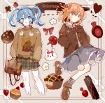  2girls :3 alternate_costume alternate_hairstyle animal_ears bag blue_eyes blue_hair border bottle braid brown_bag brown_jacket brown_ribbon brown_sweater candy candy_wrapper checkered_clothes checkered_skirt collar cookie cupcake ene_(kagerou_project) flower food frilled_collar frilled_skirt frills grey_eyes grey_shirt grey_skirt grey_socks hair_ribbon headphones heart highres jacket kagerou_project kisaragi_momo light_blue_hair looking_at_viewer looking_to_the_side multiple_girls orange_hair otorigg pie pleated_skirt rabbit rabbit_ears red_ribbon ribbon scarf shirt short_hair side_braid single_braid skirt socks striped striped_scarf sweater sweets twintails vertical-striped_scarf vertical_stripes watermark white_flower winnie_the_pooh 