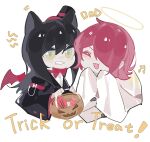  2girls :d ^_^ animal_ears arknights bangs beamed_sixteenth_notes black_hair black_headwear black_jacket black_vest bow bowtie clenched_teeth closed_eyes commentary_request cropped_torso exusiai_(arknights) ghost_costume hair_between_eyes hair_over_one_eye halloween_bucket halo hands_up haobuguniao hat highres holding jacket looking_at_viewer mini_hat mini_top_hat mini_wings motion_lines multiple_girls musical_note notice_lines red_bow red_bowtie red_wings redhead shirt simple_background smile teeth texas_(arknights) tilted_headwear top_hat trick_or_treat upper_body vest white_background white_shirt wings yellow_eyes 