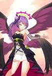  1girl angel_wings armpits bare_legs black_bow black_dress blurry blurry_background bow breasts commentary_request dress fallen_angel green_eyes hair_between_eyes hair_bow halo halter_dress halterneck highres hololive hoshino_aoi_(la_huynh_hai_than) long_hair looking_at_viewer multiple_wings one_side_up open_mouth outstretched_arm purple_hair sleeveless sleeveless_dress small_breasts solo tokoyami_towa virtual_youtuber wings 