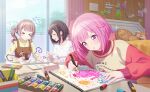 3girls blush drawing dress holding_marker marker mochizuki_honami official_art ootori_emu open_mouth paintbrush pink_eyes pink_hair project_sekai shinonome_ena short_hair sparkle sweatdrop tree window