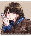  1girl bad_link bangs blue_nails blue_shirt brown_coat brown_eyes brown_hair brown_jacket chain coat dated fingernails highres jacket jacket_partially_removed jewelry light_brown_background light_smile long_hair long_sleeves looking_at_viewer multiple_rings nail_polish original own_hands_together pink_lips ring saitou_shiori_(pixiv14549321) shirt smile upper_body watermark 