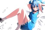  1girl 380u0 absurdres arms_up bare_legs blue_dress blue_eyes blue_hair cirno dress hair_ornament highres ice ice_wings shirt short_sleeves smile solo teeth touhou white_background white_shirt wings 