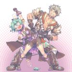  1boy 1girl :d arm_up bare_shoulders black_eyes black_gloves black_hair black_jacket black_shorts boots brown_footwear chest_jewel eyepatch full_body glasses gloves grin hands_on_hips jacket knee_boots looking_at_viewer natto_soup open_mouth pandoria_(xenoblade) pink_background short_hair shorts smile teeth two-tone_background white_background xenoblade_chronicles_(series) xenoblade_chronicles_2 zeke_von_genbu_(xenoblade) 
