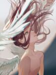  1boy angel_devil_(chainsaw_man) angel_wings blue_eyes brown_hair chainsaw_man champi disembodied_limb feathered_wings floating_hair highres long_hair looking_up moon solo topless_male white_wings wings 