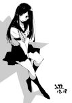  1girl :o between_legs bow bowtie dated dot_nose greyscale hand_between_legs highres long_hair looking_at_viewer monochrome open_mouth original school_uniform serafuku shirt short_sleeves sitting skirt socks solo tabata_hisayuki 