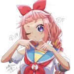  1girl 2022 bangs bird blue_eyes blunt_bangs bow braid chicken hair_bow hairband heart heart-shaped_pupils highres indie_virtual_youtuber looking_at_viewer one_eye_closed pink_hair red_bow red_hairband sailor_collar short_sleeves solo symbol-shaped_pupils thick_eyebrows torikodayo twin_braids virtual_youtuber wazakula white_background 