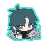  1boy ^_^ bangs black_coat blue_hair blush chibi closed_eyes coat coffee_mug cropped_torso cup cyber_dragon duel_academy_uniform_(yu-gi-oh!_gx) duel_monster highres male_focus marufuji_ryou mug official_alternate_costume short_hair smile solo uni_(uni33uaze) yu-gi-oh! yu-gi-oh!_gx 