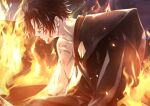  1boy bare_shoulders black_hair black_robe blood blood_on_arm blood_on_face burning fire flame highres injury japanese_clothes jigokuraku kataginu kneeling robe scar severed_limb short_hair solo ushi_424 yamada_asaemon_shugen 