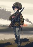  1girl battle_rifle bolt_action boots brown_hair burning camouflage camouflage_helmet camouflage_jacket clouds cloudy_sky commission erica_(naze1940) grass gun helmet highres jacket keiita original rifle shaded_face sky smoke solo weapon weapon_request world_war_ii 
