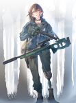  1girl amputee boots brown_hair daito forest glasses gloves gun handgun highres holding holding_gun holding_weapon jacket looking_at_viewer nature original pouch prosthesis prosthetic_leg reloading rifle sniper_rifle sniper_scope solo strap suppressor weapon 