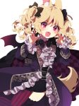  1girl :d aldin_nicola animal_ear_fluff animal_ears bangs black_bow black_coat black_shirt black_shorts black_thighhighs blonde_hair blood blood_from_mouth bow brooch claw_pose coat fangs forehead_jewel frilled_coat hair_between_eyes hair_bow hands_up highres jewelry long_hair long_sleeves looking_at_viewer mamyouda nail_polish pantyhose red_nails seventh_happiness shirt short_eyebrows short_shorts shorts simple_background single_leg_pantyhose single_thighhigh sleeves_past_wrists smile solo striped striped_pantyhose thick_eyebrows thigh-highs two_side_up vertical-striped_pantyhose vertical_stripes violet_eyes virtual_youtuber white_background 
