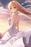  1girl backless_dress backless_outfit bangs bird blonde_hair blue_sky closed_mouth clouds cowboy_shot dress highres kottungyang long_hair looking_at_viewer ocean original purple_sky sky smile sunset violet_eyes white_dress yellow_sky 