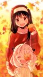  2girls anya_(spy_x_family) autumn autumn_leaves bangs black_hair child closed_eyes female_child hairband hairpods happy holding holding_leaf katagiri_atsuko leaf long_hair long_sleeves mother_and_daughter multiple_girls open_mouth pink_hair red_eyes smile spy_x_family sweater twitter_username yor_briar 