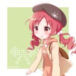  1girl :o backpack bag bangs beret black_headwear blush brown_hoodie brown_jacket commentary_request gochuumon_wa_usagi_desu_ka? goth_risuto green_background hair_bobbles hair_ornament hat hood hood_down hoodie jacket long_hair long_hoodie long_sleeves looking_at_viewer natsu_megumi open_clothes open_jacket parted_bangs parted_lips red_eyes redhead solo twintails twitter_username two-tone_background white_background 