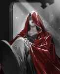 1boy adam&#039;s_apple black_hair btt59 chinese_commentary cloak collarbone commentary_request crossed_legs grey_pants hand_on_own_knee highres hood light_particles lips long_hair looking_down lord_of_the_mysteries male_focus mr._a nail pants red_cloak red_eyes smile solo