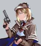  1girl bangs blonde_hair blue_eyes collared_shirt deerstalker detective gun hair_ornament hat holding hololive hololive_english monocle_hair_ornament neckerchief necktie red_neckerchief reloading revolver saysay44444 shirt short_hair solo trench_coat virtual_youtuber watson_amelia weapon white_shirt 