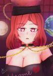 1girl black_shirt blush breasts chain clothes_writing earth_(ornament) gold_chain hecatia_lapislazuli highres huge_breasts in_heat large_breasts lipstick looking_at_viewer makeup moon_(ornament) off-shoulder_shirt off_shoulder open_clothes pov red_eyes redhead self_upload shirt sweat t-shirt touhou
