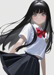  1girl bangs black_hair black_skirt bow bowtie buttons character_request closed_mouth commentary_request copyright_request gotenmocha grey_eyes highres logo long_hair looking_at_viewer pleated_skirt red_bow red_bowtie school_uniform shirt short_sleeves skirt solo white_background white_shirt 