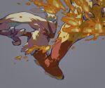  aqua_eyes blaziken claws closed_mouth colored_sclera grey_background highres horns kicking outstretched_leg pokemon pokemon_(creature) simple_background solo wulie_errr yellow_sclera 