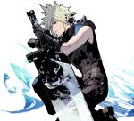  1boy armor baggy_pants belt blonde_hair blue_eyes boots buster_sword cloud_strife cofffee final_fantasy final_fantasy_vii final_fantasy_vii_remake gloves holding holding_sword holding_weapon looking_to_the_side male_focus multiple_belts one_knee pants short_hair shoulder_armor sleeveless sleeveless_turtleneck solo spiky_hair suspenders sword toned toned_male turtleneck weapon white_background 