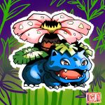  artist_logo artist_name blue_skin bright_pupils claws colored_skin fangs flower full_body highres leaf no_humans non-web_source open_mouth outline plant pokemon pokemon_(creature) pokemon_(game) purple_background red_eyes self_upload solo tongue venusaur white_outline white_pupils 