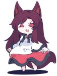  1girl animal_ears blush_stickers brown_hair dress fang fried_rice0614 frilled_sleeves frills full_body highres imaizumi_kagerou long_hair long_sleeves one-hour_drawing_challenge open_mouth red_dress red_eyes simple_background smile solo tail touhou white_background white_dress wide_sleeves wolf_ears wolf_tail 