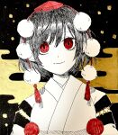  black_hair clouds hair_ornament hat highres japanese_clothes kimono kourindou_tengu_costume pointy_ears pom_pom_(clothes) pom_pom_hair_ornament red_eyes red_headwear red_pom_poms shameimaru_aya short_hair smile tengu tokin_hat toraneko_2 touhou white_kimono white_pom_poms 