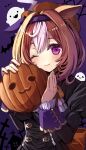  1girl ;) absurdres ahoge animal_ears black_dress blush brown_hair closed_mouth commentary days_in_a_flash_(umamusume) dress english_commentary fang fang_out ghost hairband halloween highres holding horse_ears jack-o&#039;-lantern juliet_sleeves long_sleeves meisho_doto_(dot-o&#039;-lantern)_(umamusume) meisho_doto_(umamusume) multicolored_hair one_eye_closed puffy_sleeves purple_background purple_hairband simple_background sleeves_past_wrists smile solo two-tone_hair umamusume upper_body violet_eyes white_hair xx_momomo_xx 