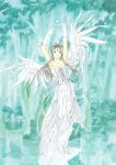  1girl aa_megami-sama angel_wings arms_up bare_shoulders belldandy branch bush cleavage collarbone dress facial_mark feathered_wings feathers forehead_mark forest gloves goddess grey_hair happy lace-up_dress long_hair looking_at_viewer manga_cover nature official_art outdoors smile solo trees white_dress white_gloves white_wings wings 