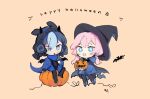  2girls arknights blue_eyes blue_hair blue_jacket blue_poison_(arknights) cape dailybloopy glaucus_(arknights) hair_between_eyes halloween halloween_costume hat jacket medium_hair multiple_girls open_mouth pantyhose pink_hair pumpkin slug_girl twintails wizard_hat 