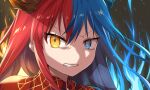  1girl angry bangs blue_eyes blue_fire blue_hair blue_horns bright_pupils clenched_teeth close-up commission commissioner_upload dragon_girl dragon_horns dress fiery_background fire heterochromia highres horns inferna_dragnis long_hair looking_at_viewer necktie non-web_source orange_eyes original red_horns redhead solo standing teeth usagi1923 white_pupils 