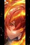  1boy bangs closed_eyes closed_mouth commentary_request diluc_(genshin_impact) expressionless fire genshin_impact glowing glowing_eye hair_between_eyes highres kokollet long_hair looking_at_viewer male_focus pillarboxed portrait red_eyes redhead signature solo 