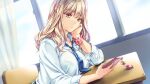  1girl bangs blonde_hair blue_nails blue_necktie bra_visible_through_clothes breasts cellphone classroom closed_mouth collared_shirt desk dress_shirt dutch_angle game_cg hair_between_eyes hair_ornament head_rest hiiragi_kurumi holding holding_phone indoors kiss_kara_hajimaru_gyaru_no_koi large_breasts leaning_forward long_hair long_sleeves monety nail_polish necktie phone pink_scrunchie school_uniform scrunchie shiny shiny_hair shirt sitting smartphone solo upper_body white_shirt wing_collar wrist_scrunchie x_hair_ornament yellow_eyes 