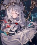  1girl arknights blue_background chis74 closed_eyes gloves grey_gloves grey_hair hair_over_one_eye hat highres holding holding_staff long_hair official_alternate_costume skadi_(arknights) skadi_the_corrupting_heart_(arknights) skadi_the_corrupting_heart_(sublimation)_(arknights) solo staff very_long_hair white_hair 